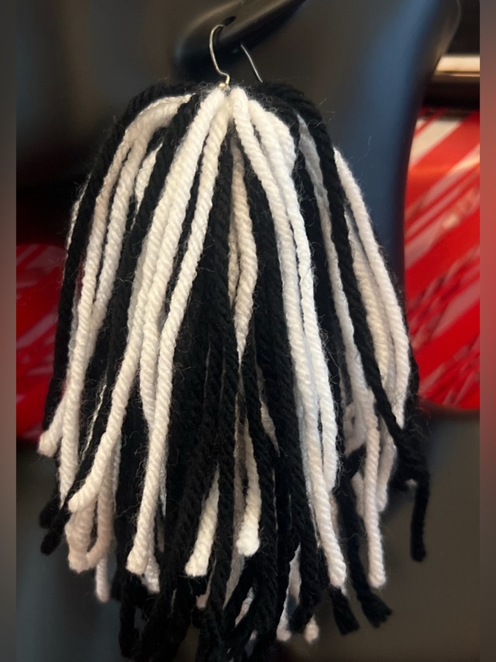 Black and White Fringe Yarn Tassel Earrings - Picture 2 of 2